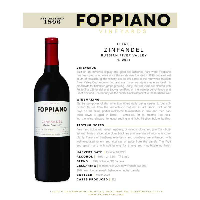 2021 Foppiano Estate Zinfandel Tech Sheet