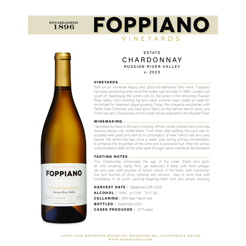 2023 Foppiano Estate Chardonnay Tech Sheet