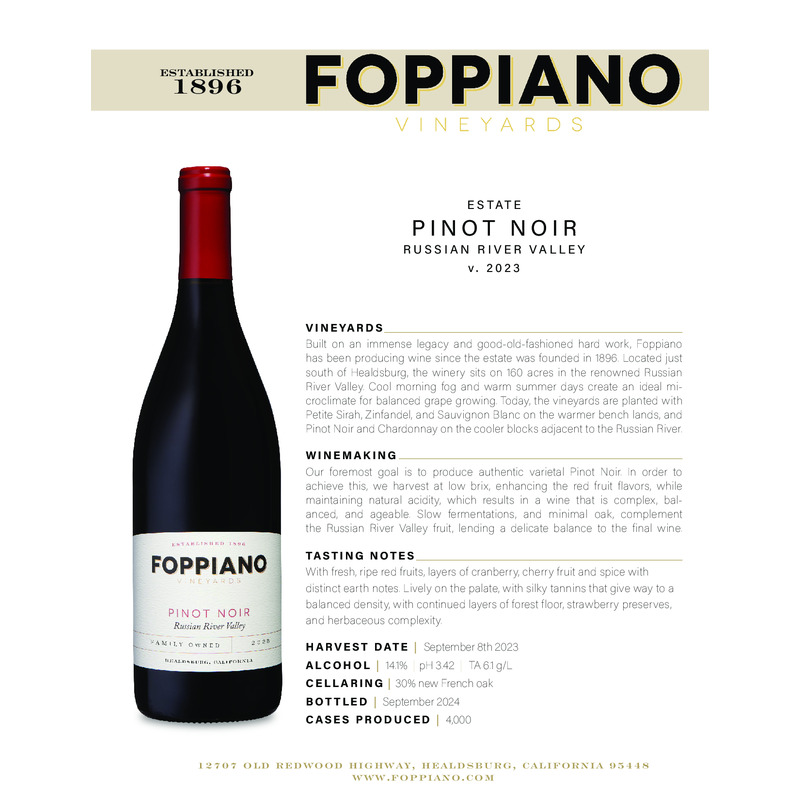 2023 Foppiano Estate Pinot Noir Tech Sheet