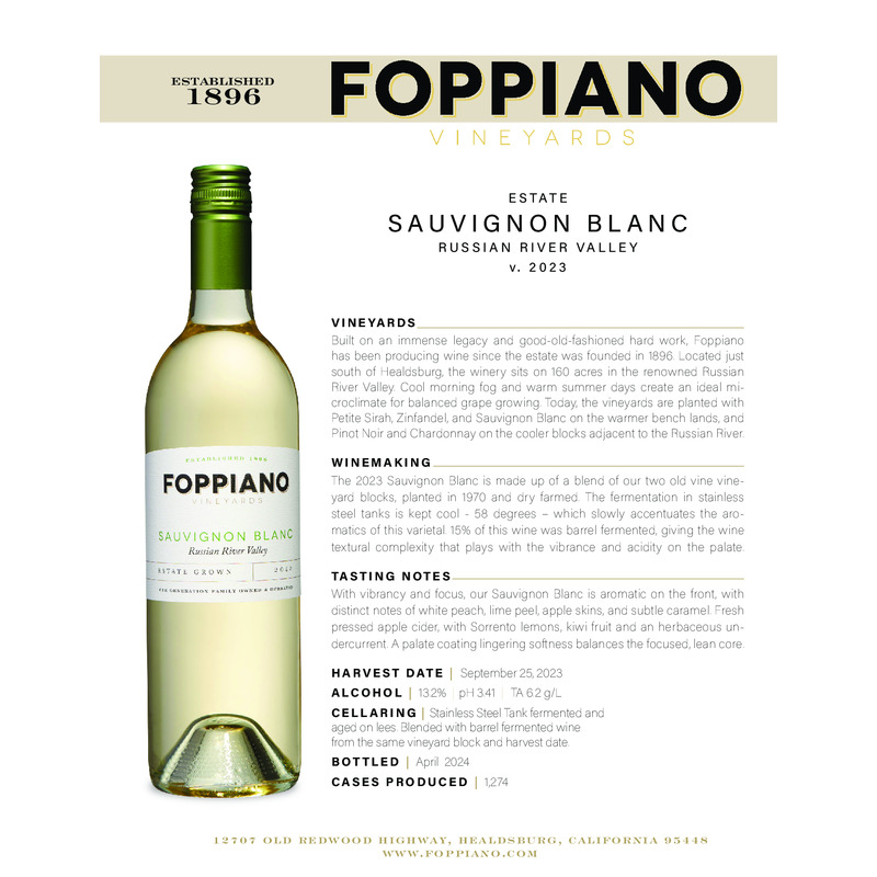 2023 Foppiano Estate Sauvignon Blanc Tech Sheet