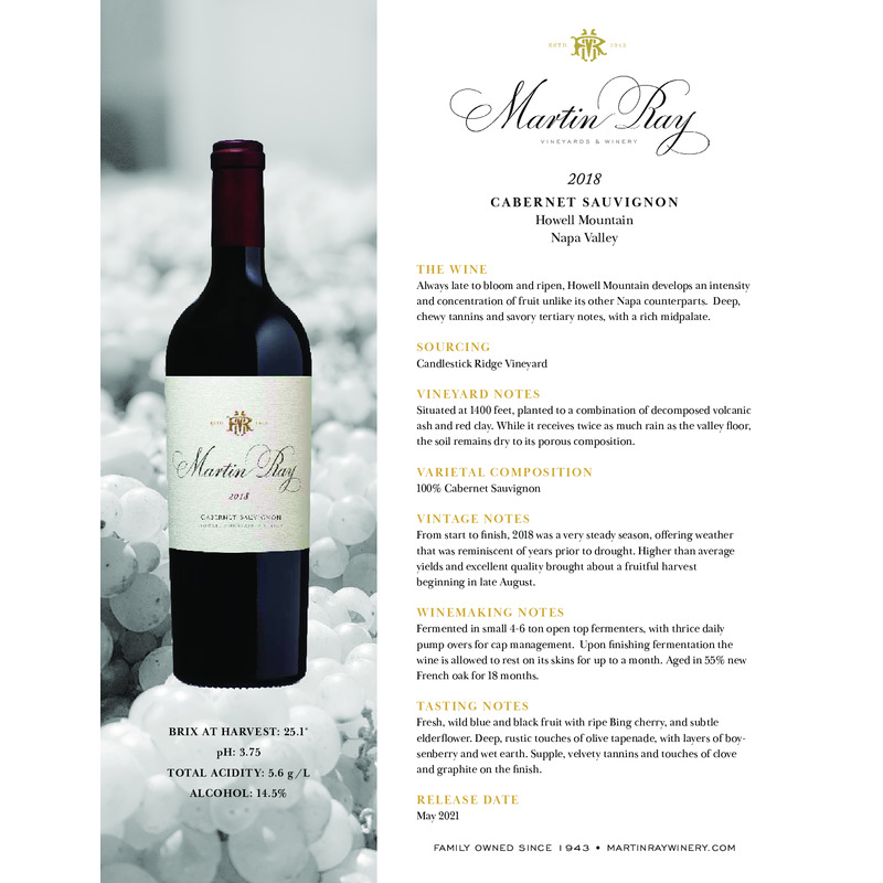 2018 Martin Ray Howell Mountain Reserve Cabernet Sauvignon Tech Sheet