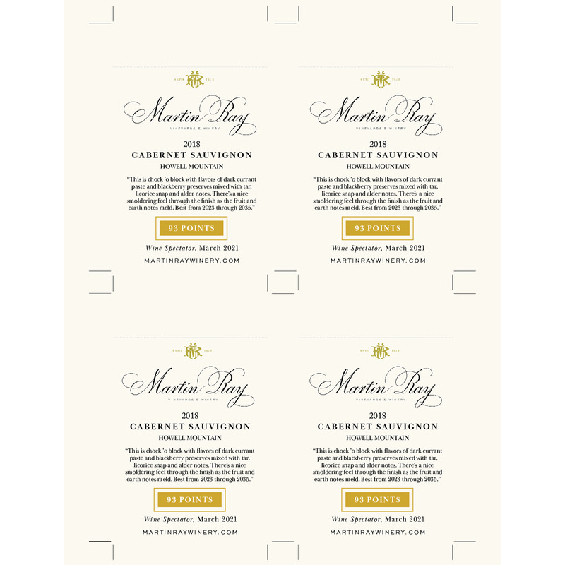 2018 Martin Ray Howell Mountain Reserve Cabernet Sauvignon Shelf Talker – 93 Pts. Wine Spectator