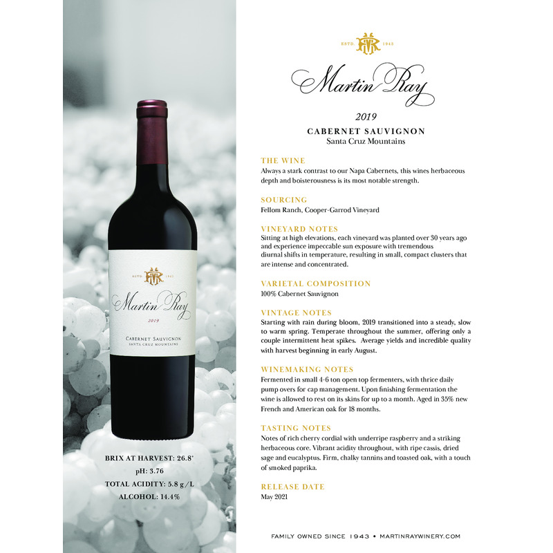 2019 Martin Ray Santa Cruz Mountains Reserve Cabernet Sauvignon Tech Sheet