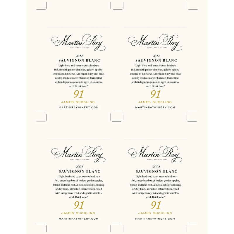 2022 Martin Ray Napa Valley Sauvignon Blanc Shelf Talker – 91 pts James Suckling