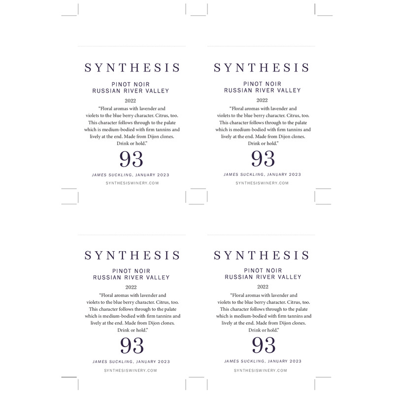 2022 Synthesis Russian River Valley Estate Pinot Noir Shelf Talker – 93 pts James Suckling