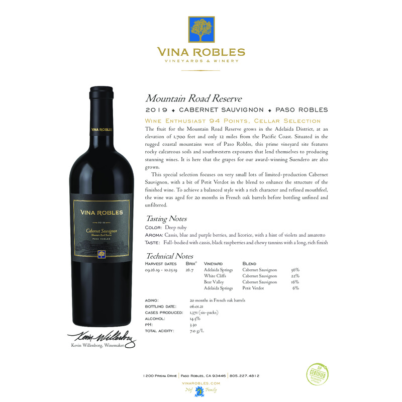 2019 Vina Robles Mountain Road Reserve Cabernet Sauvignon Tech Sheet