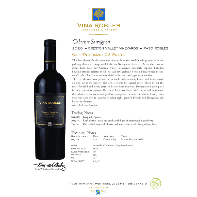 2020 Vina Robles Cabernet Sauvignon Tech Sheet