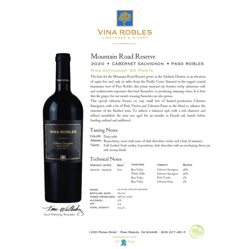 2020 Vina Robles Mountain Road Reserve Cabernet Sauvignon Tech Sheet
