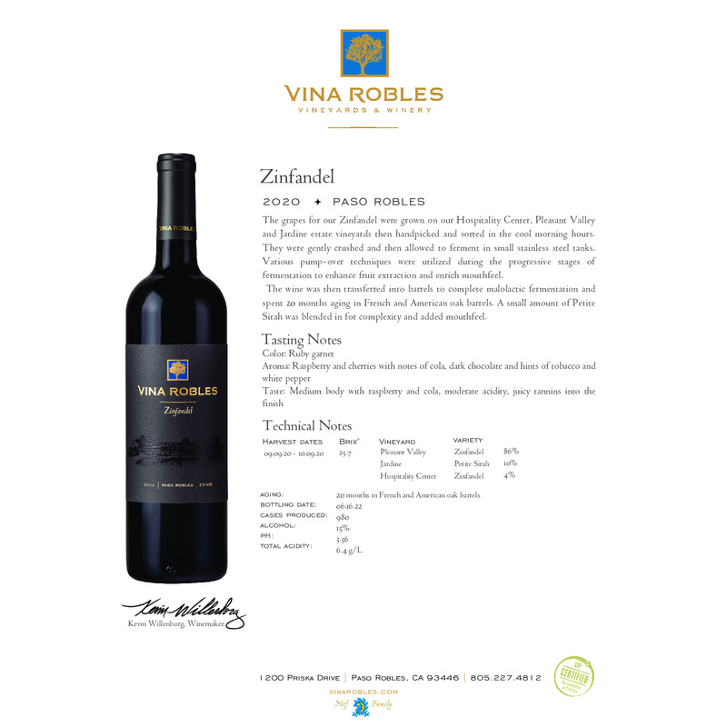 2020 Vina Robles Zinfandel Tech Sheet