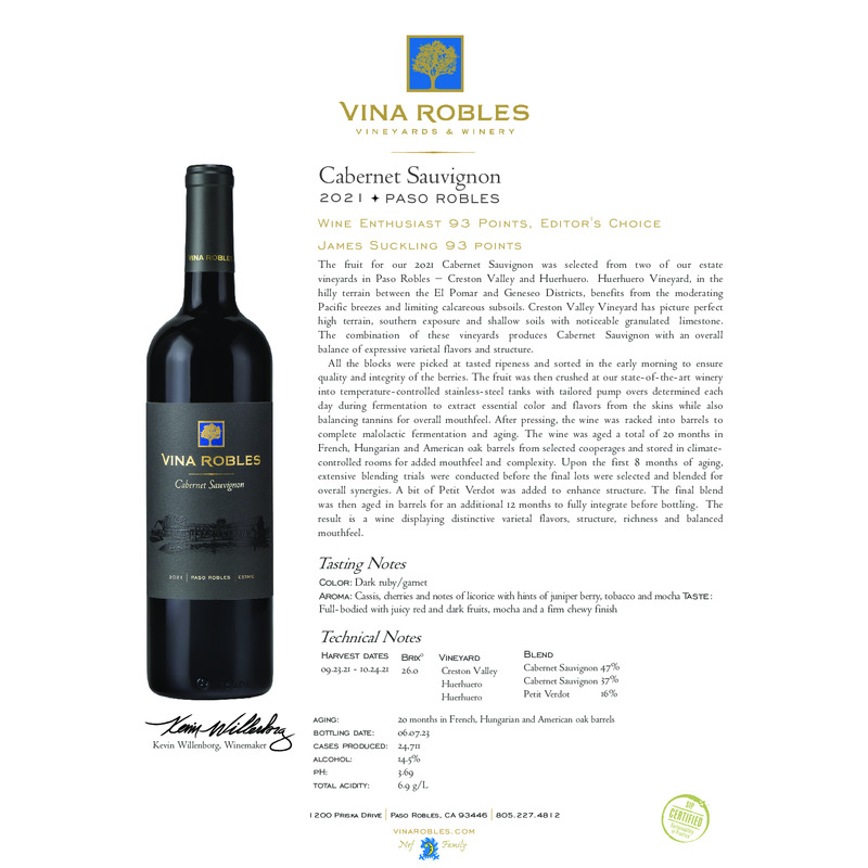 2021 Vina Robles Cabernet Sauvignon Tech Sheet