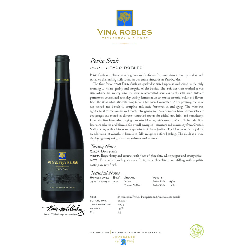 2021 Vina Robles Petite Sirah Tech Sheet