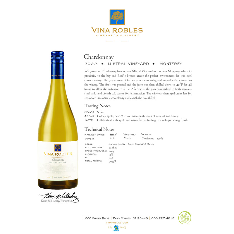 2022 Vina Robles Chardonnay Tech Sheet