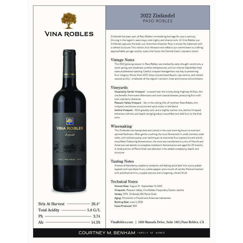 2022 Vina Robles Zinfandel Tech Sheet
