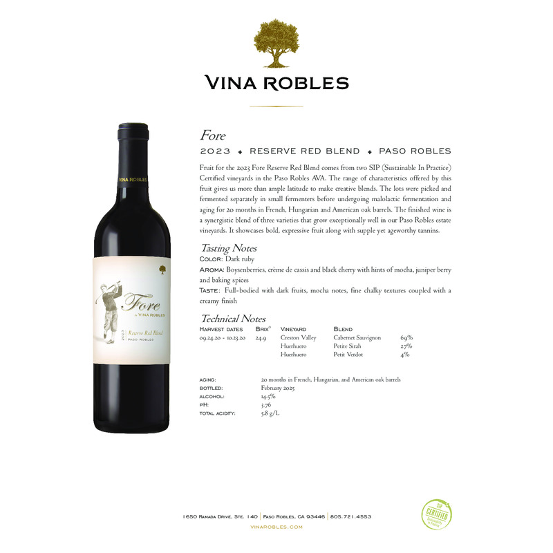 2023 Vina Robles Fore Reserve Red Blend Tech Sheet