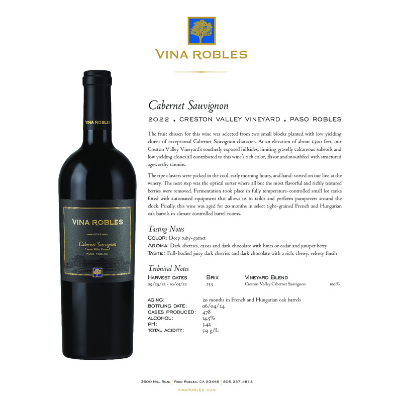 2022 Vina Robles Cabernet Sauvignon Tech Sheet