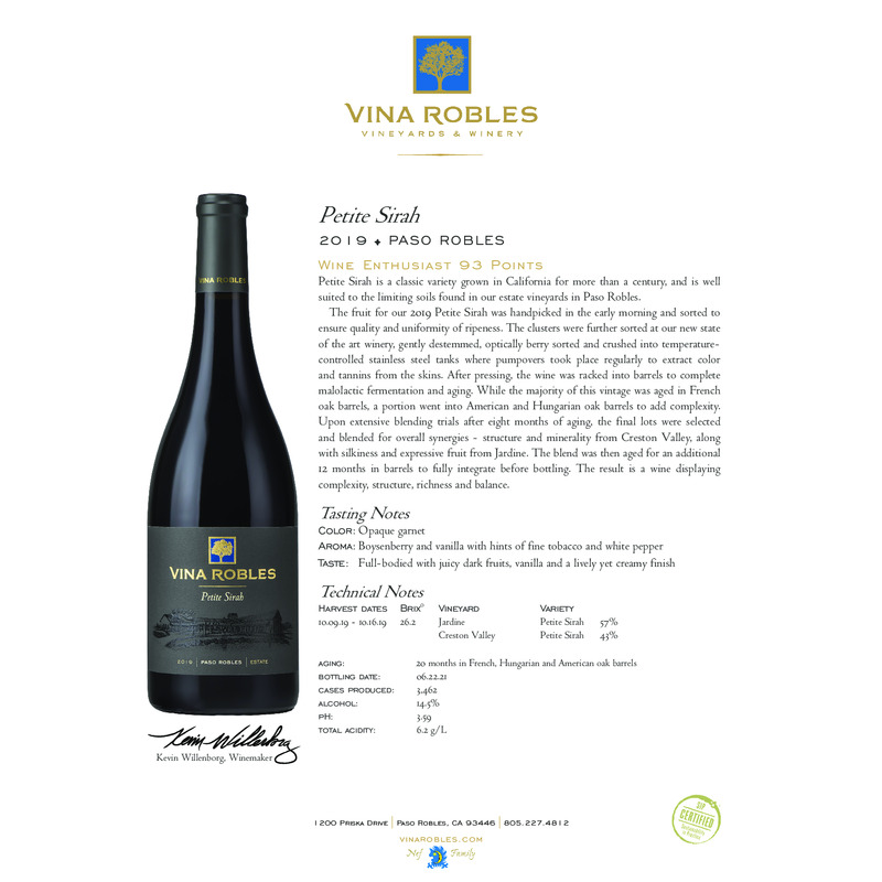 2019 Vina Robles Petite Sirah Tech Sheet