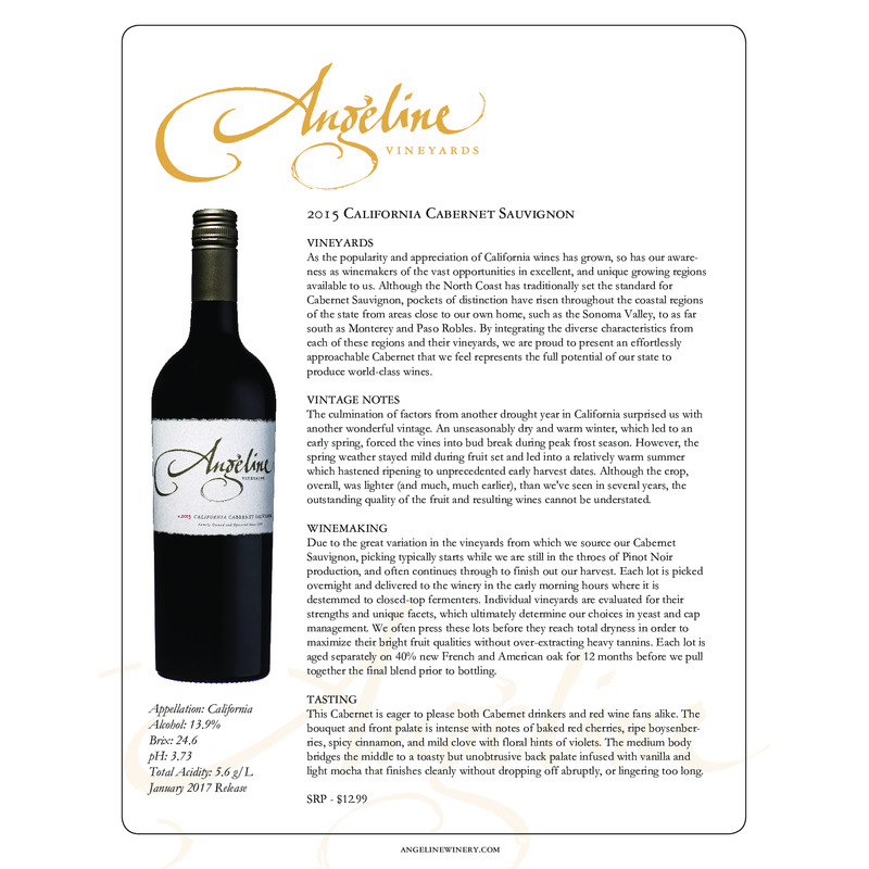 2016 Angeline Cabernet Sauvignon Tech Sheet