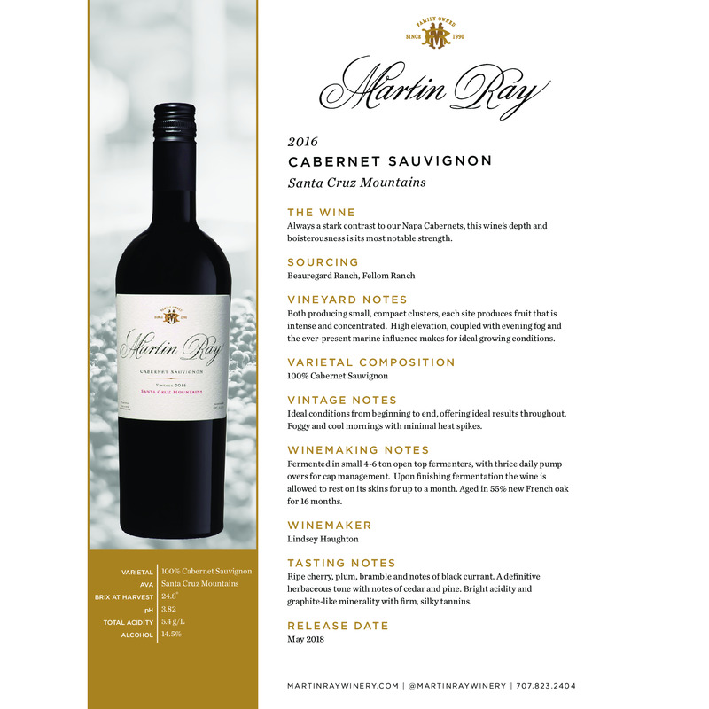 2016 Martin Ray Santa Cruz Mountains Reserve Cabernet Sauvignon Tech Sheet