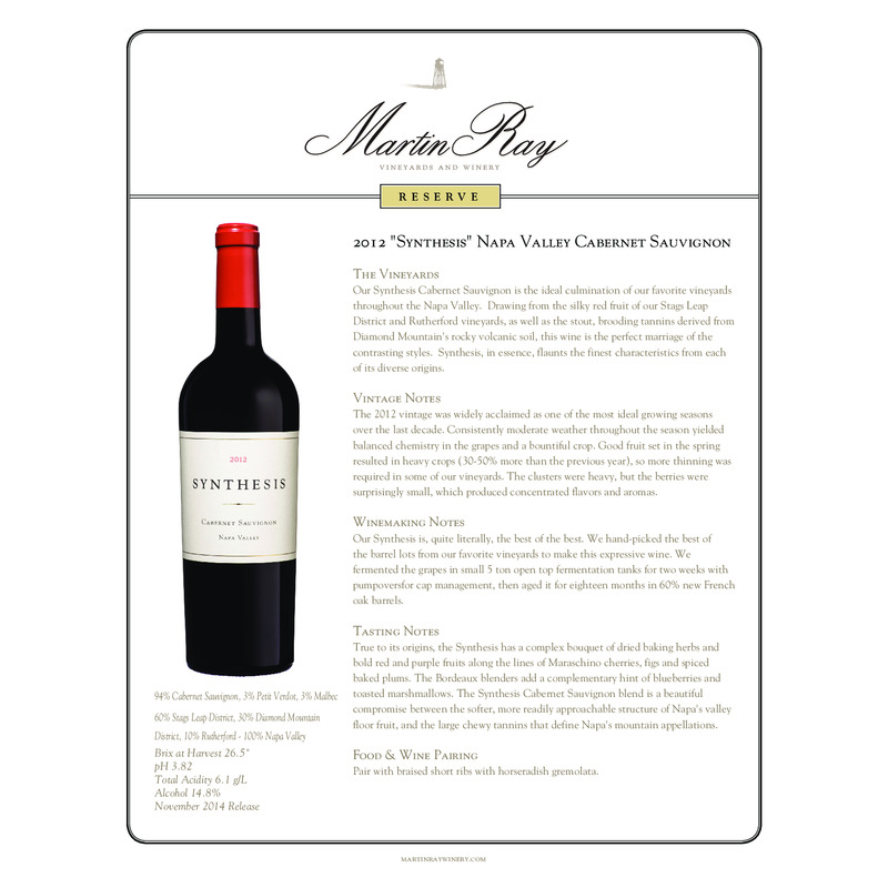 2012 Martin Ray Synthesis Napa Valley Cabernet Sauvignon Tech Sheet