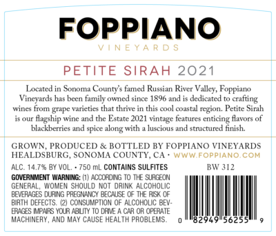2021 Foppiano Petite Sirah Back Label