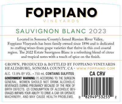 2023 Foppiano Estate Sauvignon Blanc Back Label