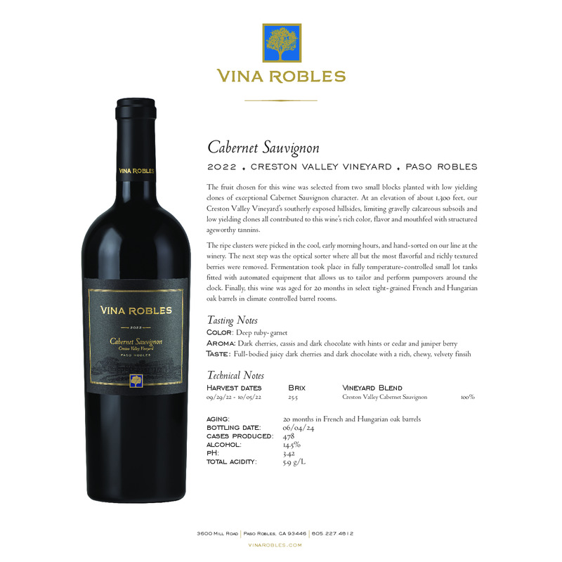 2022 Vina Robles Creston Valley Vineyard Cabernet Sauvignon Tech