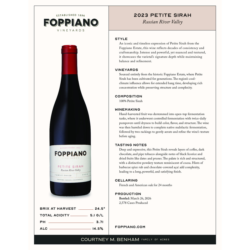 2023 Foppiano Petite Sirah Tech Sheet