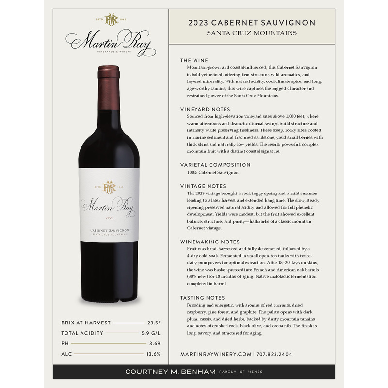 2023 Martin Ray Santa Cruz Mountains Reserve Cabernet Sauvignon Tech Sheet